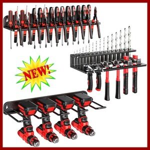 Heavy Duty Drill Rack 3pc Set Steel Wall Mount Tool Organizer Garage Storage